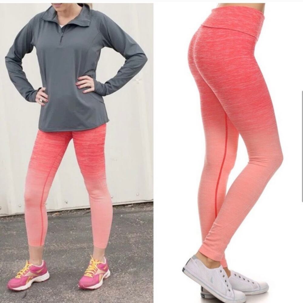 Yelete Women's Stretchy High Fold Over Waist Leggings Coral Ombre Size Small